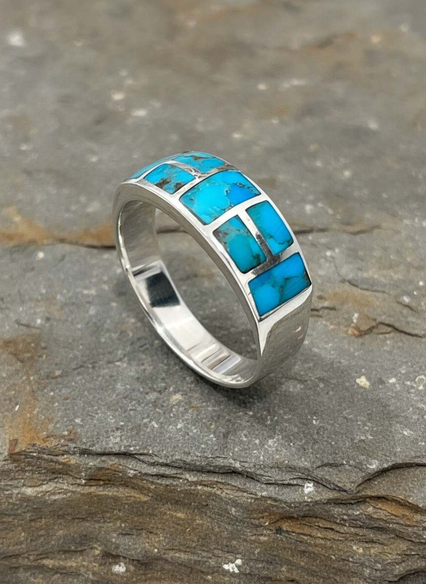 Men’s Turquoise Signet Ring – Sterling Silver 925, Genuine Turquoise Stone, 8.2mm Face