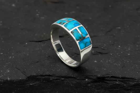 Men’s Turquoise Signet Ring – Sterling Silver 925, Genuine Turquoise Stone, 8.2mm Face