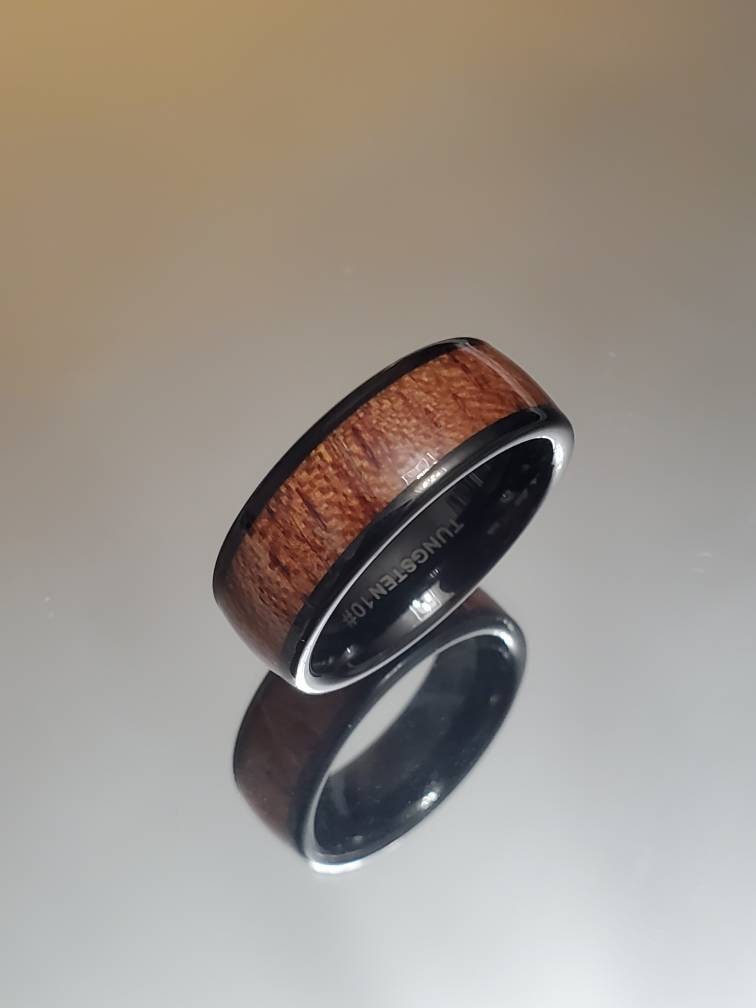 Wood Inlay Tungsten Band - 8mm Polish Black Ring for Men