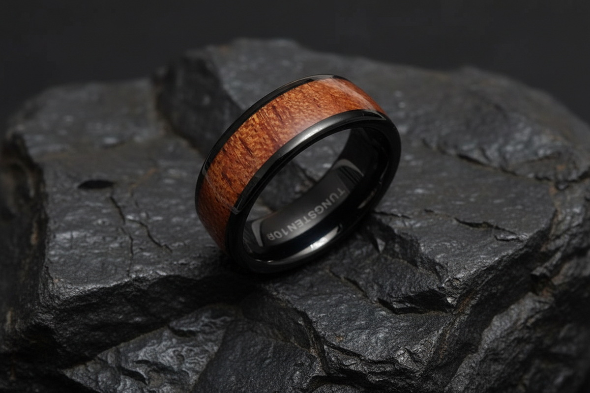 Wood Inlay Tungsten Band - 8mm Polish Black Ring for Men
