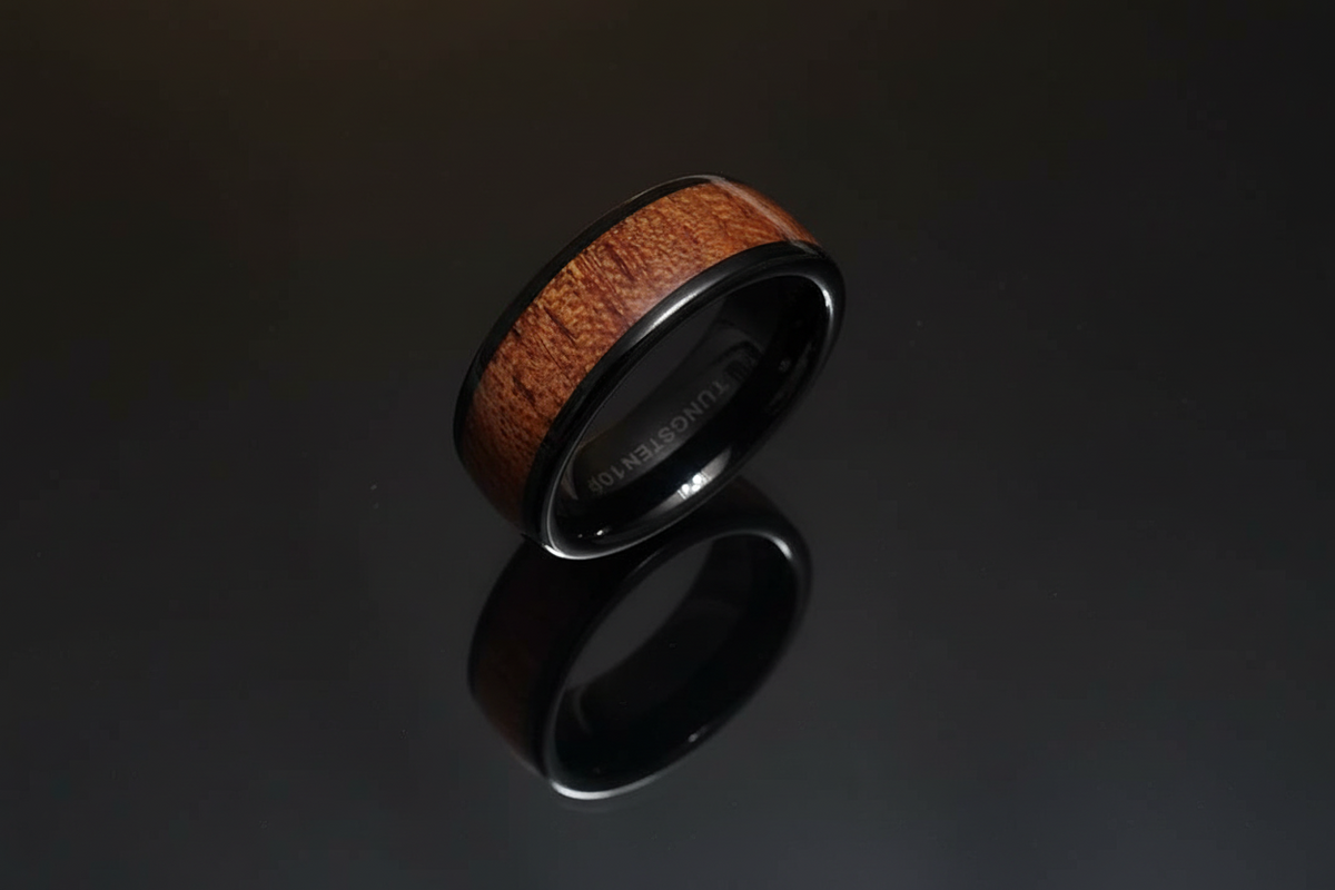 Wood Inlay Tungsten Band - 8mm Polish Black Ring for Men