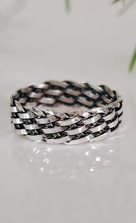 Oxidized Sterling Silver Chain Ring - Woven Band