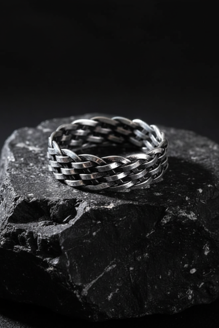 Oxidized Sterling Silver Chain Ring - Woven Band