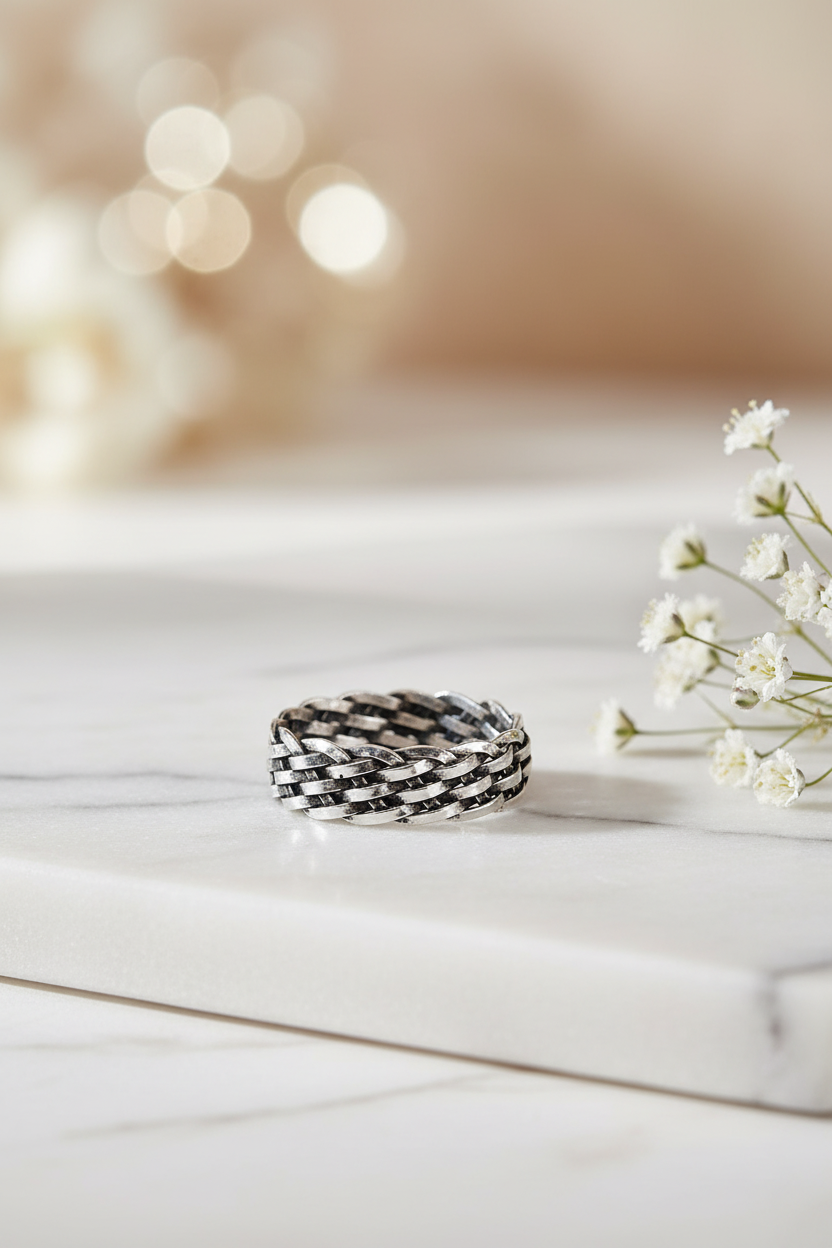 Oxidized Sterling Silver Chain Ring - Woven Band