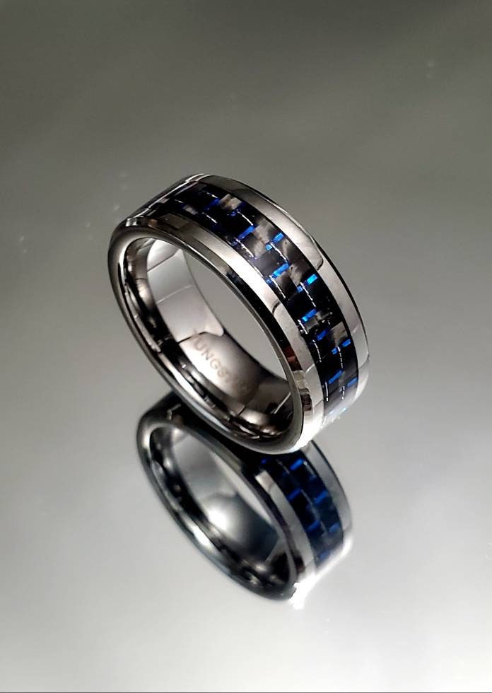 Tungsten Men's Ring, 8mm Ring With Dark Blue Carbon Fiber Inlay, Men's Statement Band