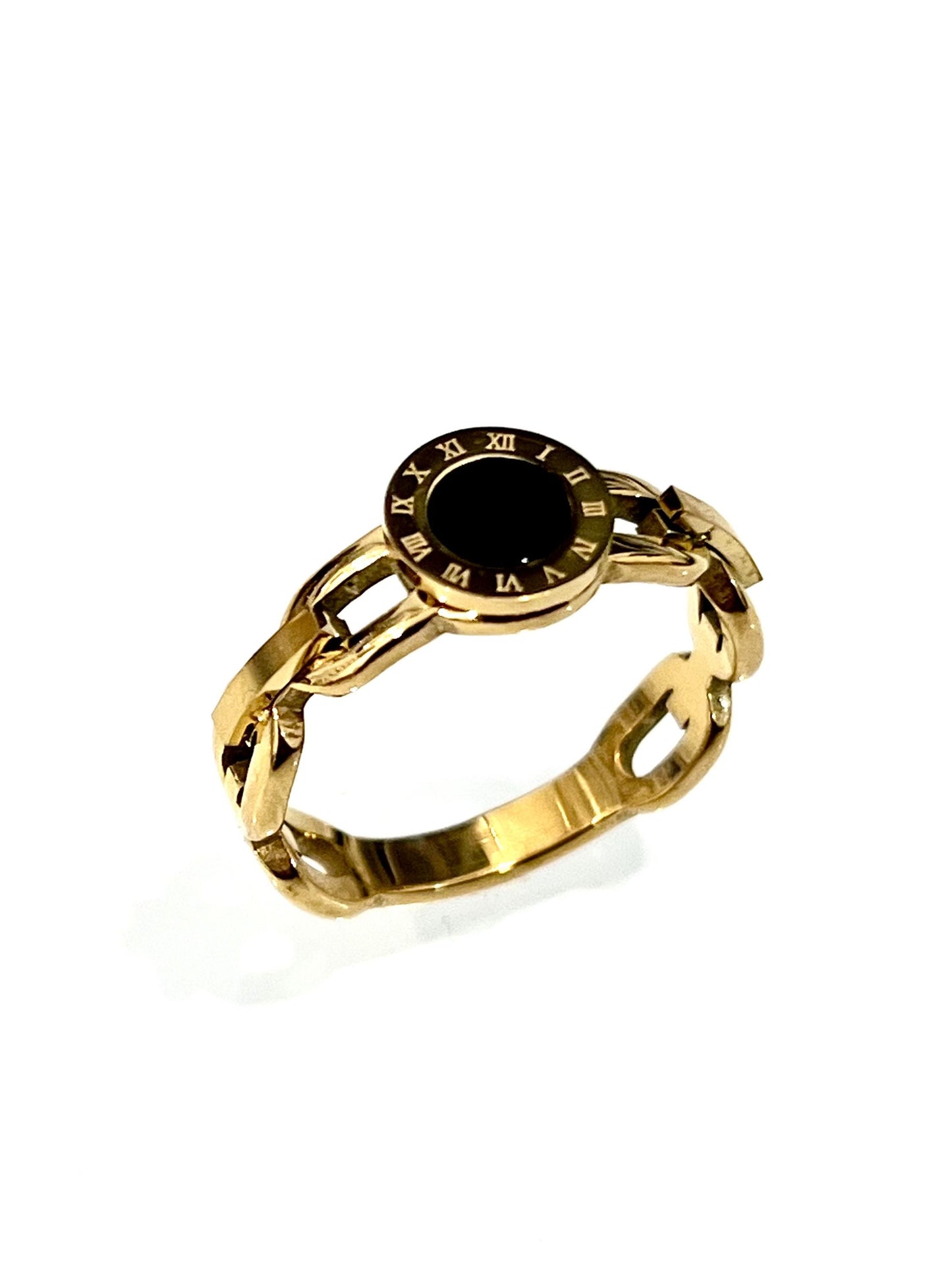 Roman Numeral Gold & Onyx Chain Ring