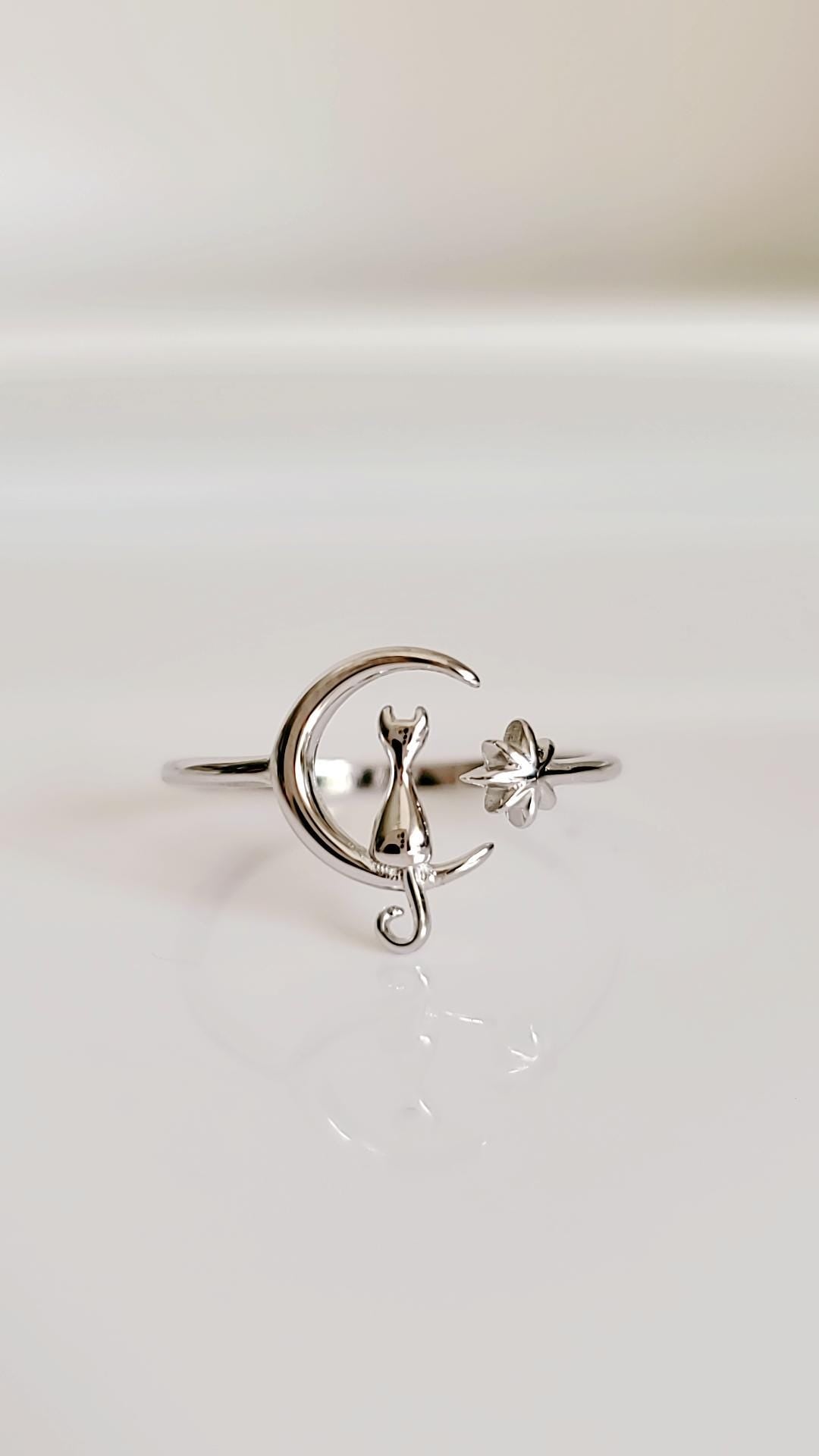 Cat on Moon White Opal Ring – 925 Sterling Silver