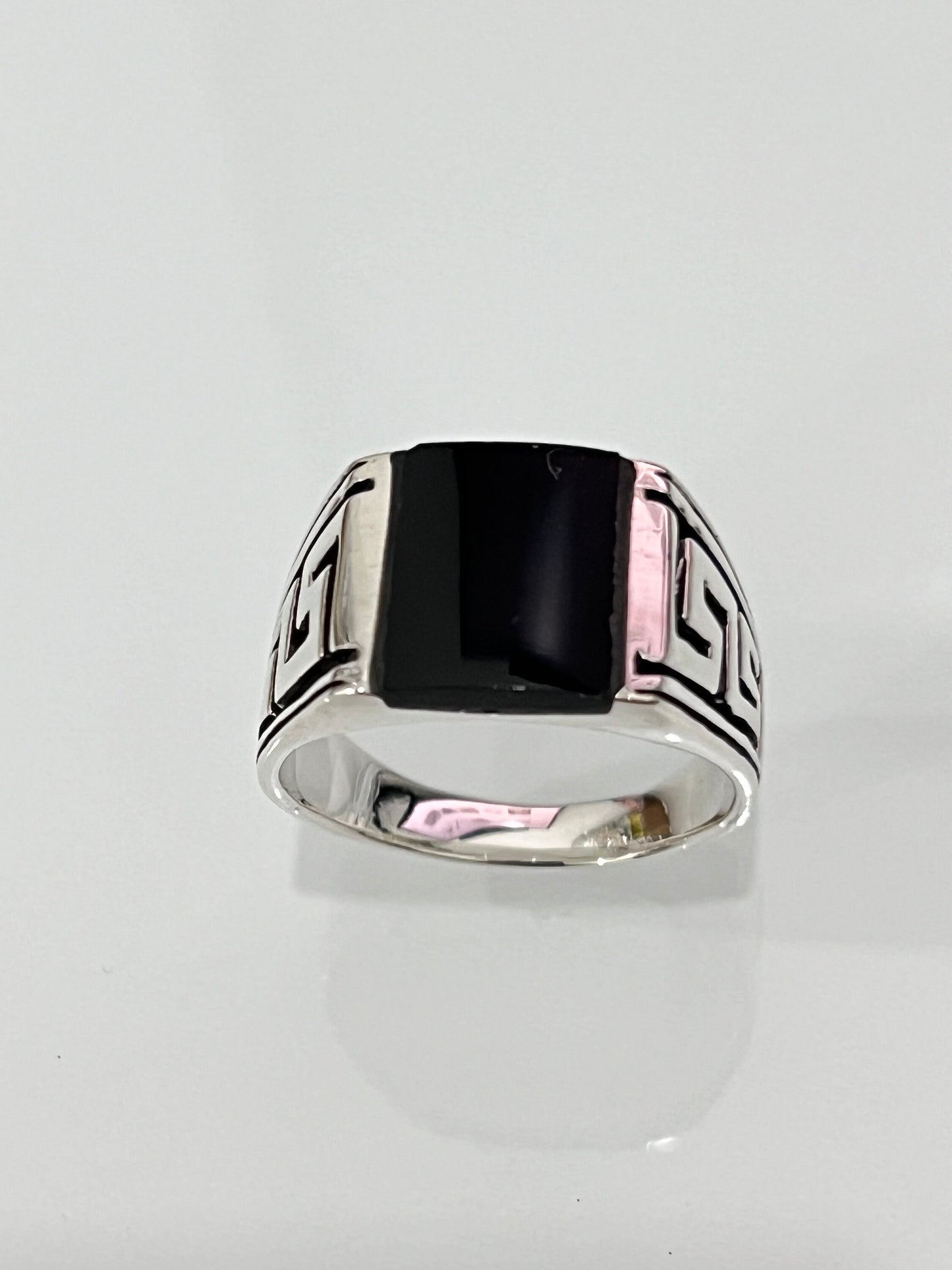 Greek Key Onyx Stone Men's Silver Ring