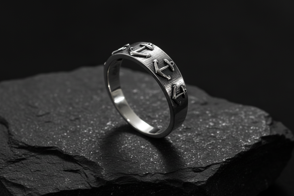 Sterling Silver Anchors Down Durable Men's Band