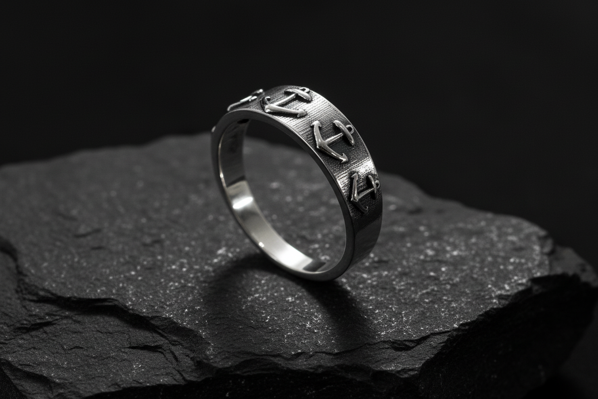 Sterling Silver Anchors Down Durable Men's Band
