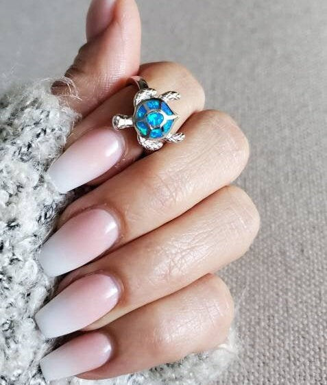 Blue Turtle Opal Ring – 925 Sterling Silver with Rhodium Plated
