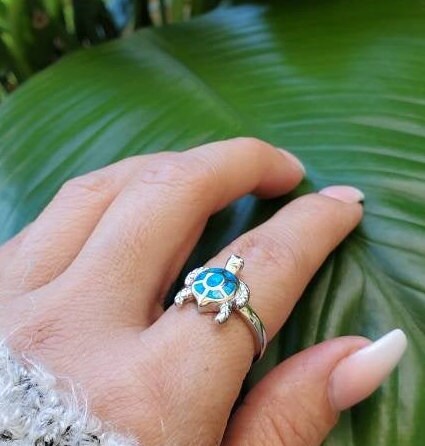 Blue Turtle Opal Ring – 925 Sterling Silver with Rhodium Plated