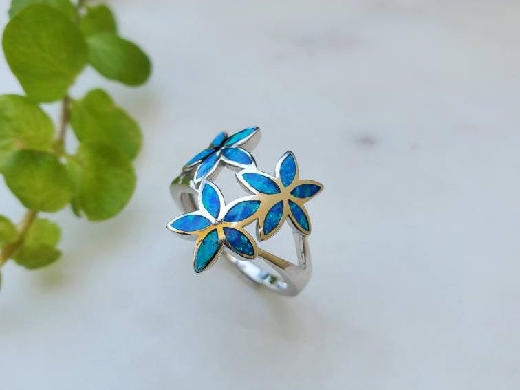 Hawaiian Plumeria Ring Blue Opal Ring