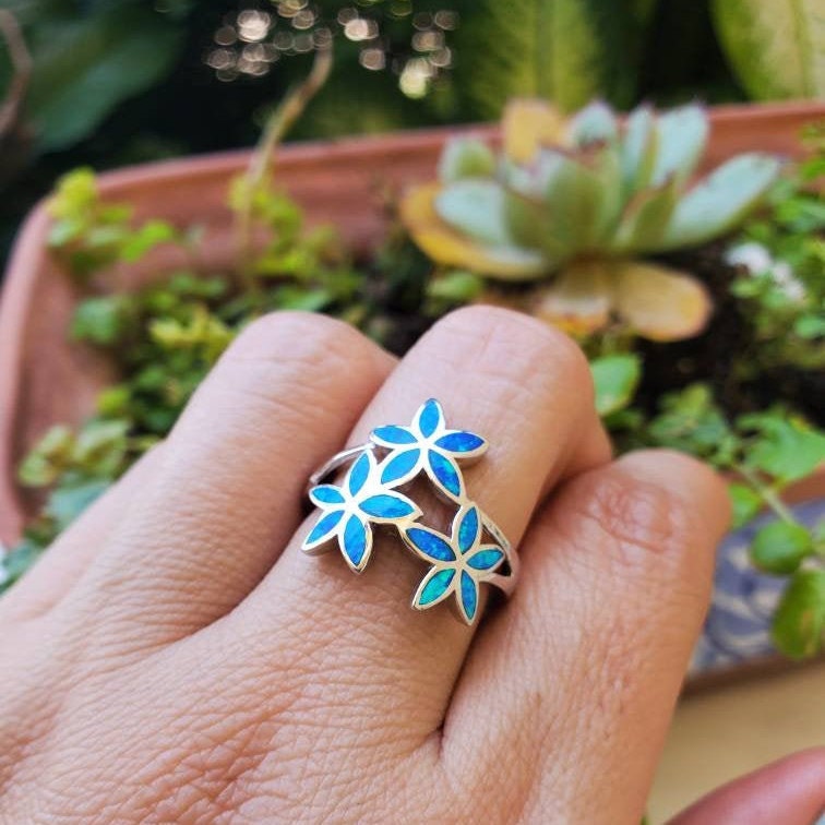 Hawaiian Plumeria Blue Opal Ring