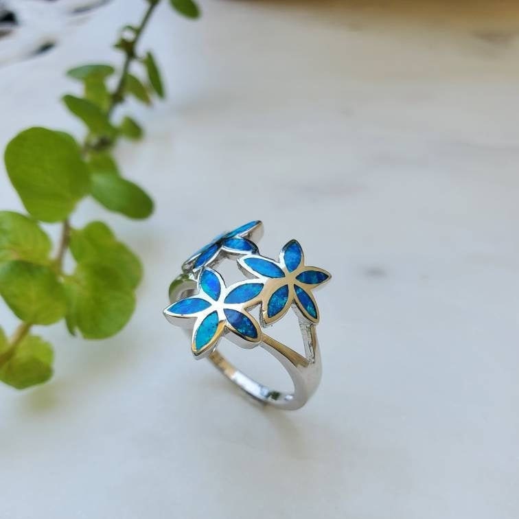 Hawaiian Plumeria Ring Blue Opal Ring