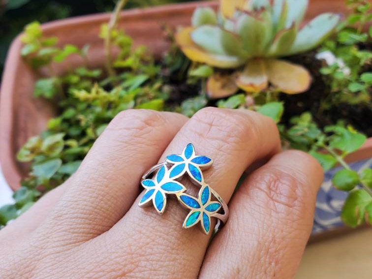 Hawaiian Plumeria Blue Opal Ring