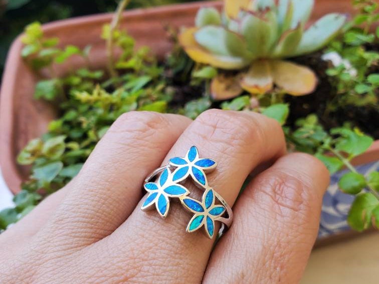 Hawaiian Plumeria Ring Blue Opal Ring