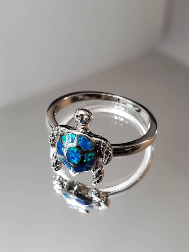 Blue Turtle Opal Ring – 925 Sterling Silver with Rhodium Plated