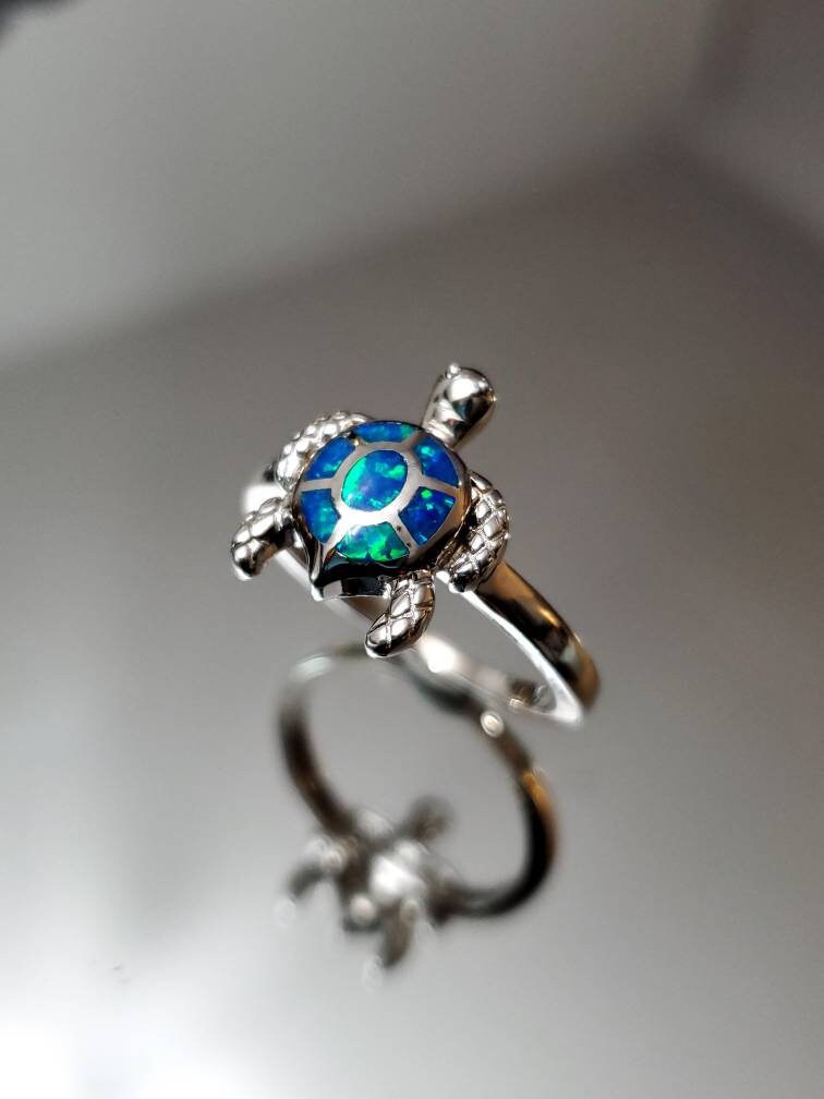 Blue Turtle Opal Ring – 925 Sterling Silver with Rhodium Plated