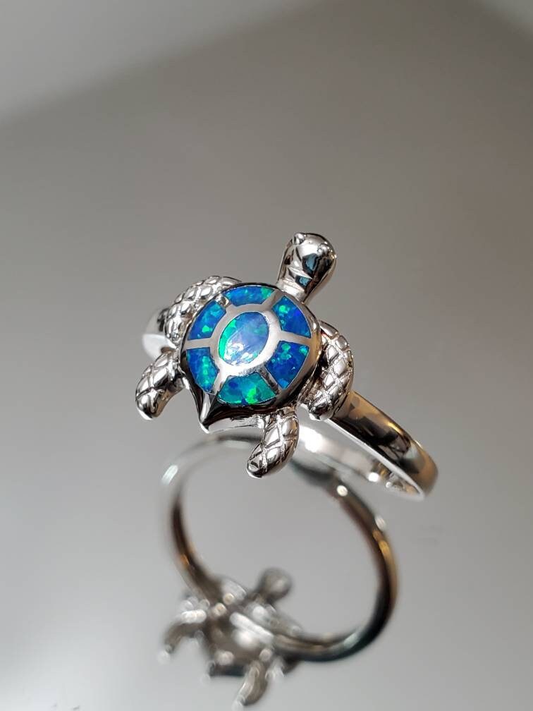 Blue Turtle Opal Ring – 925 Sterling Silver with Rhodium Plated