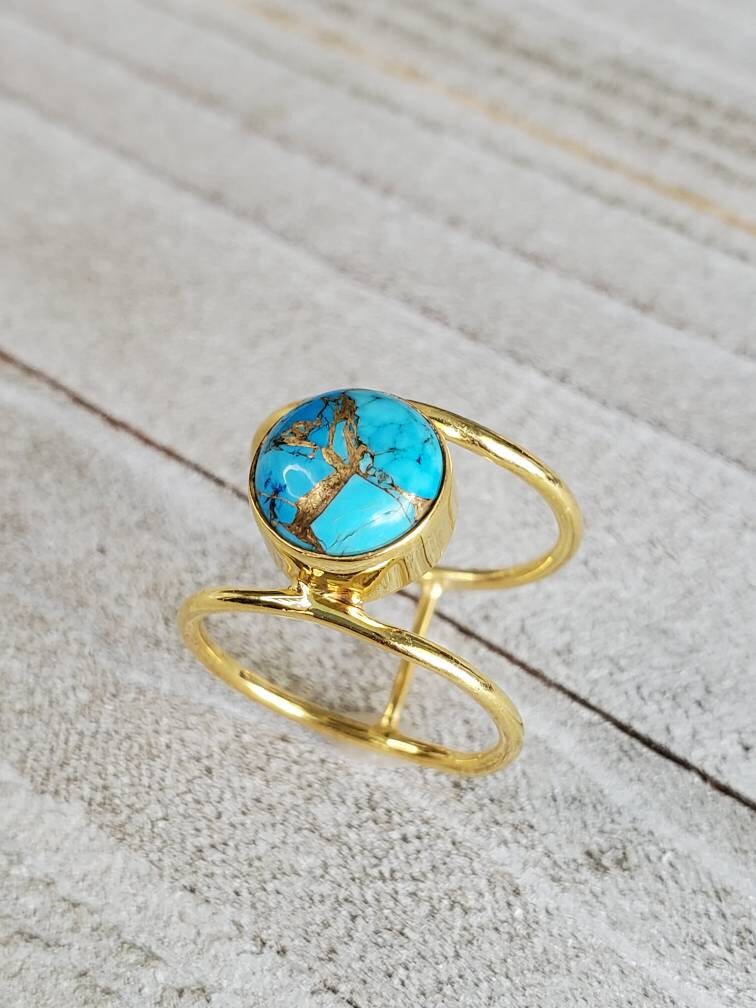 Turquoise Women Ring, Natural Turquoise Stone, Natural Semiprecious Stone, Gold Ring Band, Boho Ring