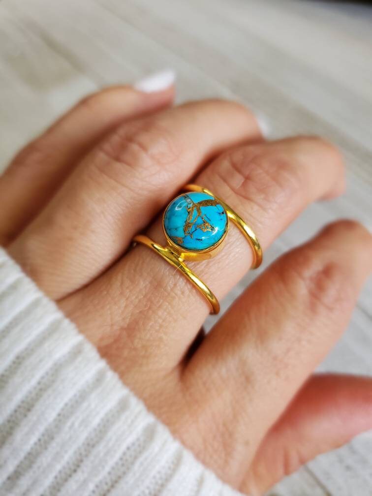 Turquoise Women Ring, Natural Turquoise Stone, Natural Semiprecious Stone, Gold Ring Band, Boho Ring