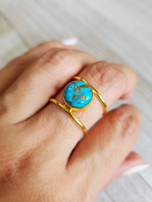 Turquoise Women Ring, Natural Turquoise Stone, Natural Semiprecious Stone, Gold Ring Band, Boho Ring