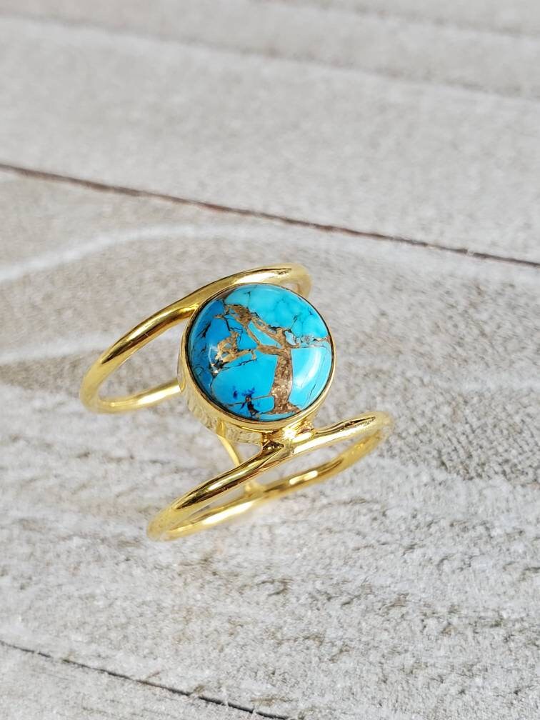 Turquoise Women Ring, Natural Turquoise Stone, Natural Semiprecious Stone, Gold Ring Band, Boho Ring