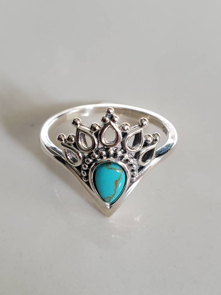 Turquoise Sterling Silver Women Ring, Dainty Stack Delicate Ring, Bohemian, Minimalist Ring, Mandala Ring