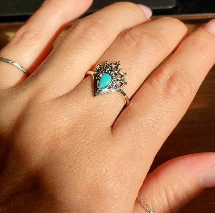 Turquoise Sterling Silver Women Ring, Dainty Stack Delicate Ring, Bohemian, Minimalist Ring, Mandala Ring