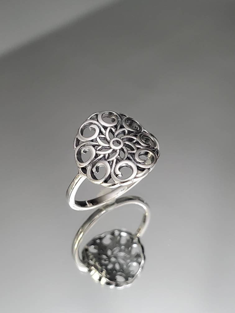 Sterling Silver Mandala Ring, Boho Chic Jewelry, Minimalist Ring, Bohemian Ring, Dainty Women's Ring, Statement Band, Size 5-12