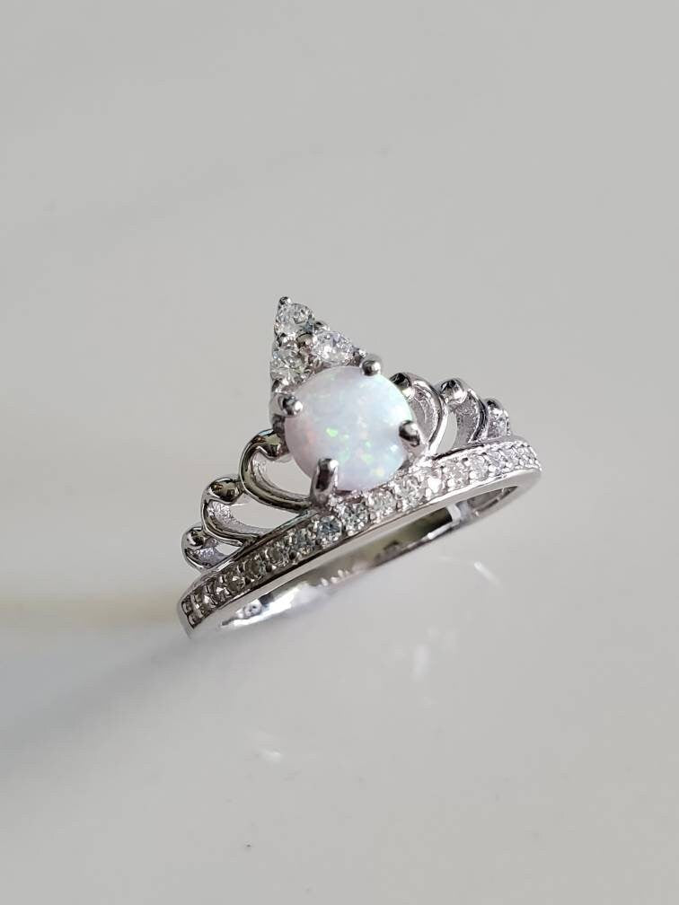 Sterling Silver White Opal Crown Ring , Women's Ring, Dainty Ring