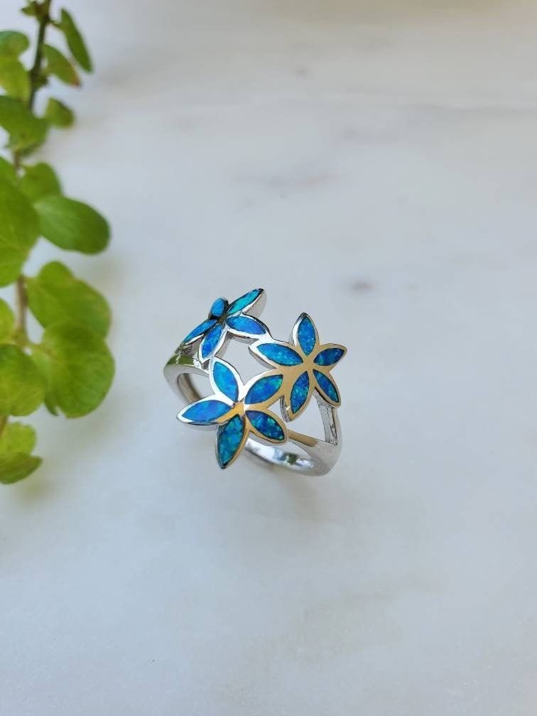 Hawaiian Plumeria Ring Blue Opal Ring