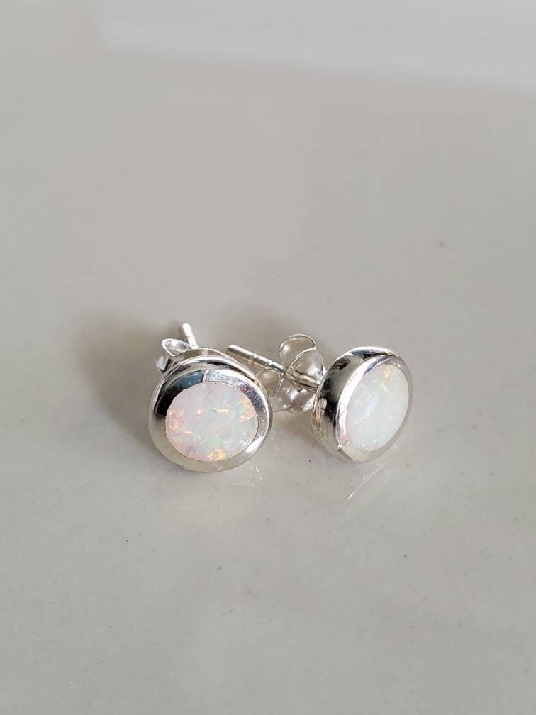 White Opal Sterling Silver Studs, Rainbow Opal earrings, Dainty Stud Earrings, 925 Stamped, Simple Women Earrings, Size 4mm to 10mm