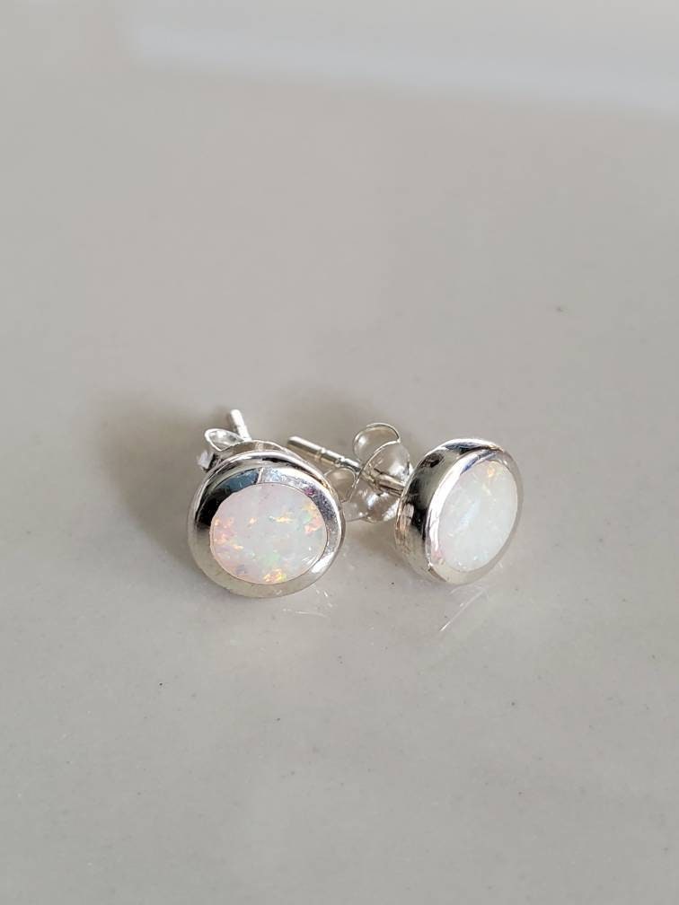 White Lab Stud Opal Earrings – 925 Sterling Silver