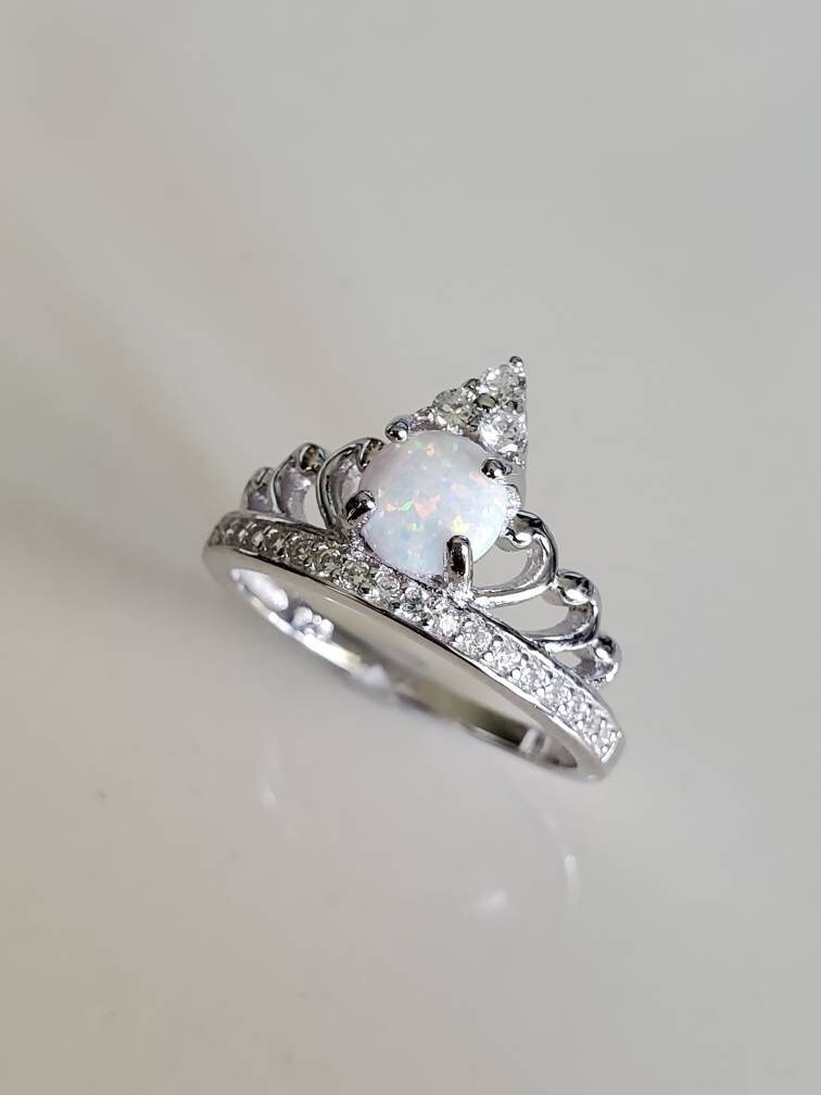 Sterling Silver White Opal Crown Ring , Women's Ring, Dainty Ring