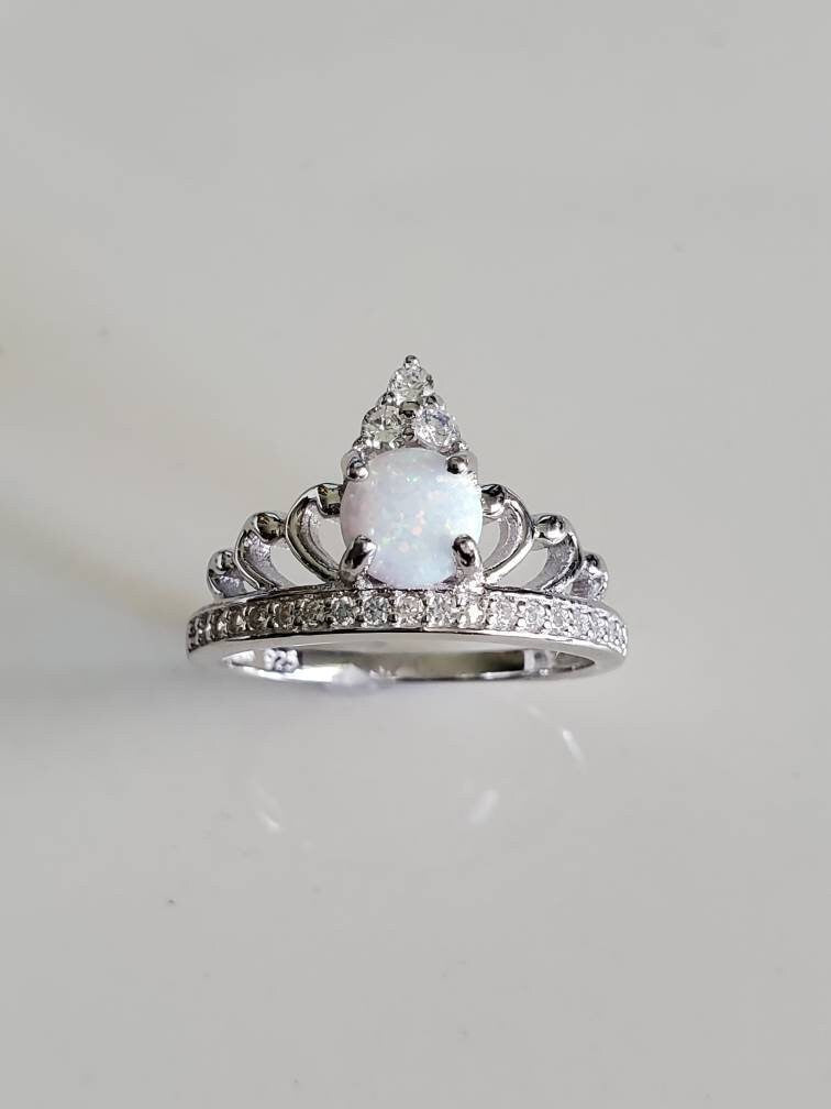 Sterling Silver White Opal Crown Ring , Women's Ring, Dainty Ring