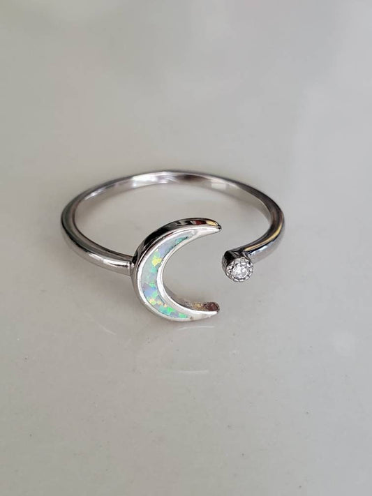 Sterling Silver Crescent Moon and Star Ring, White Opal Ring, Women's Stack Ring, White Opal Minimalist Ring, 925 Ring