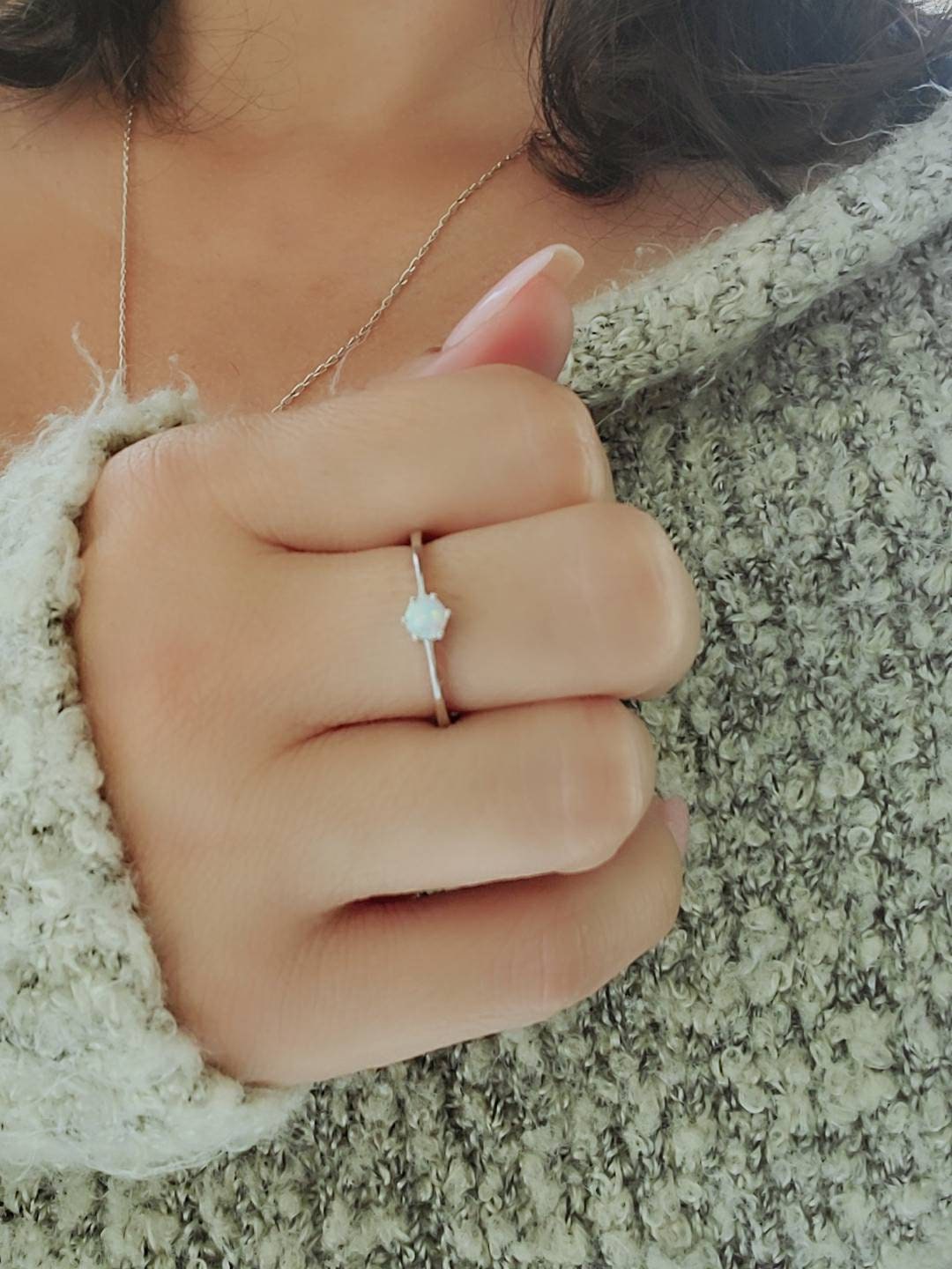 Solitaire White Opal Ring – Sterling Silver