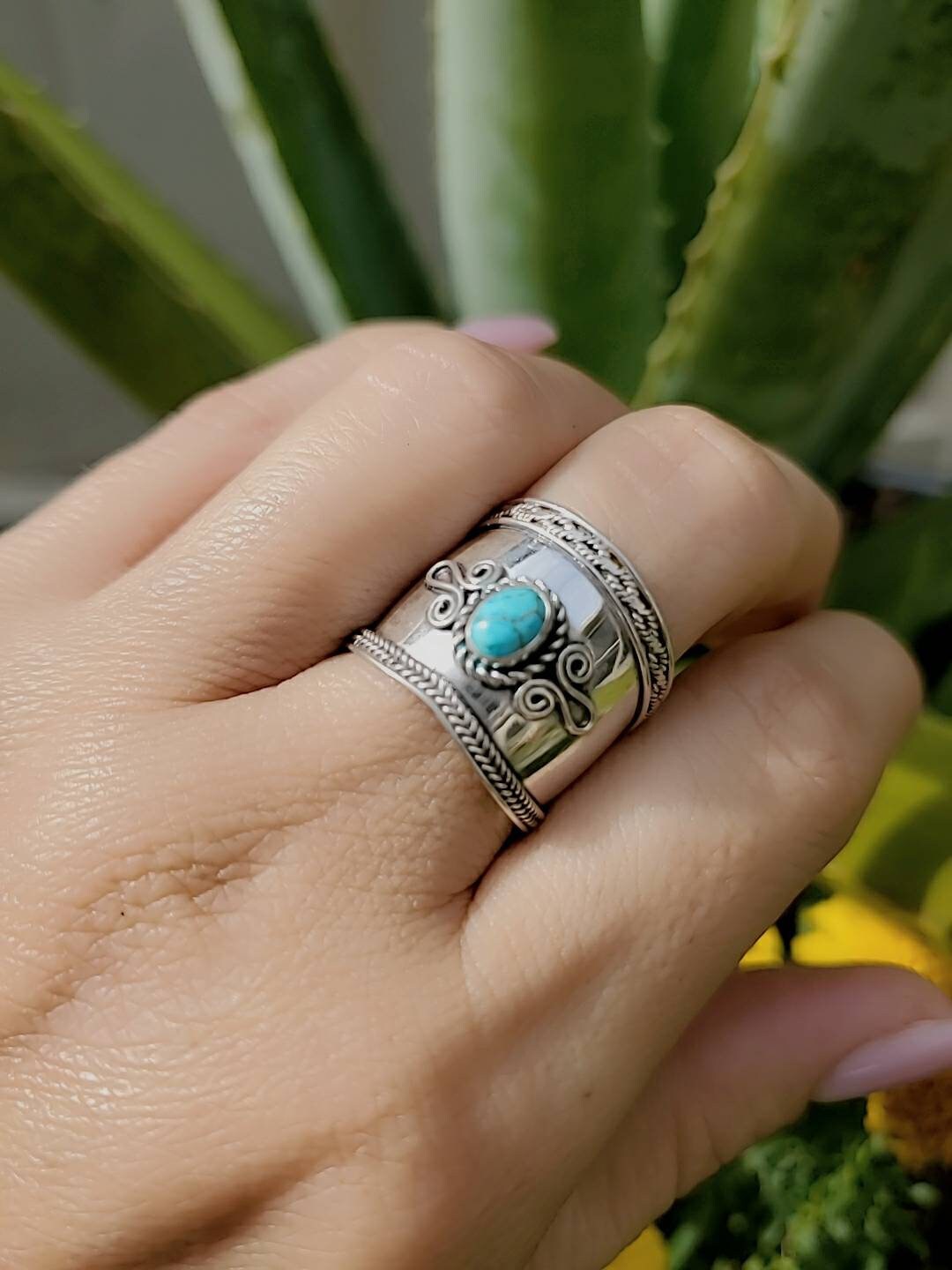 Turquoise Ring, Sterling Silver Women Ring, Wide Ring, Bali Concave Band, 925 Stamped, Boho Chic Jewelry