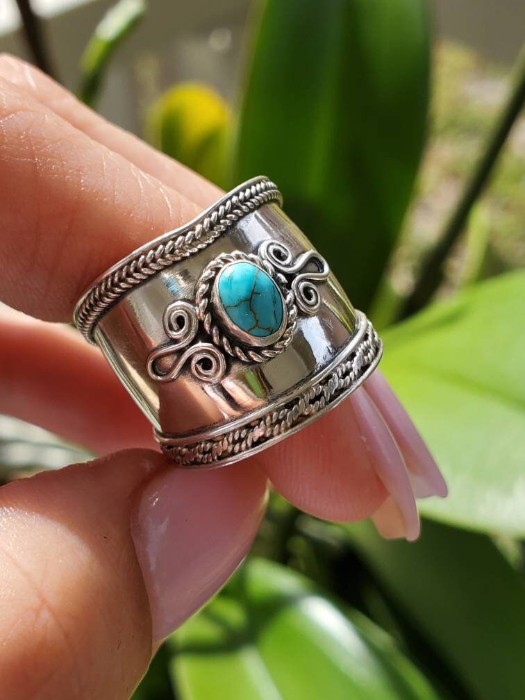 Turquoise Ring, Sterling Silver Women Ring, Wide Ring, Bali Concave Band, 925 Stamped, Boho Chic Jewelry