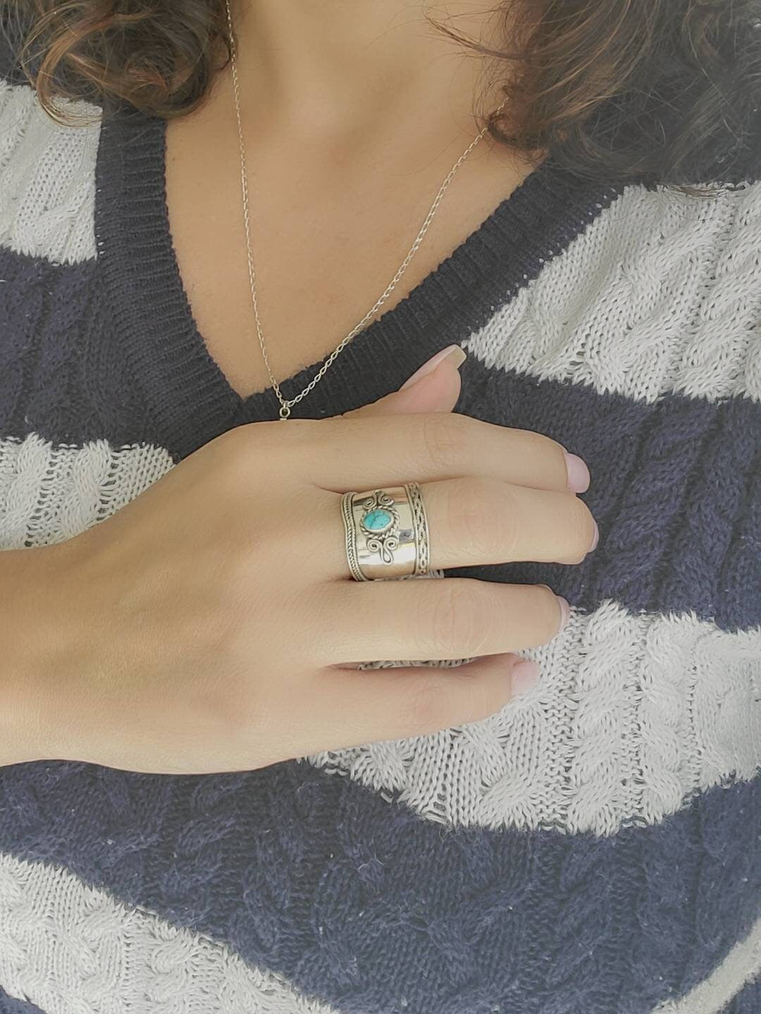 Turquoise Ring, Sterling Silver Women Ring, Wide Ring, Bali Concave Band, 925 Stamped, Boho Chic Jewelry