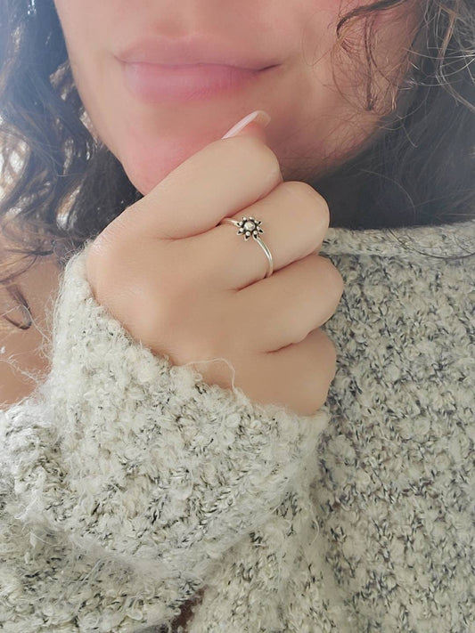 Sterling Silver Dainty Bali Ring, Flower Ring, Simple Beaded Flower Ring, Stack Ring, Simple Rings, Dainty Rings for Women