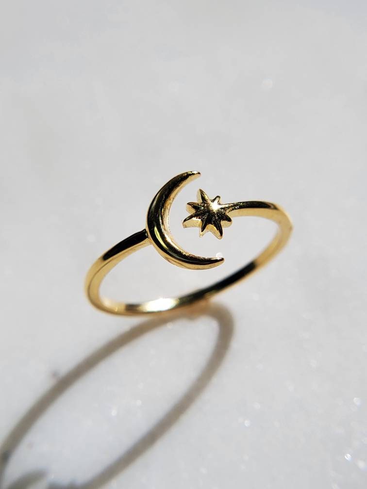 Thin Gold Moon Star Ring, Crescent Moon Ring, Sterling Silver Women Ring, Boho Chic, Midi Ring, Adjustable Ring