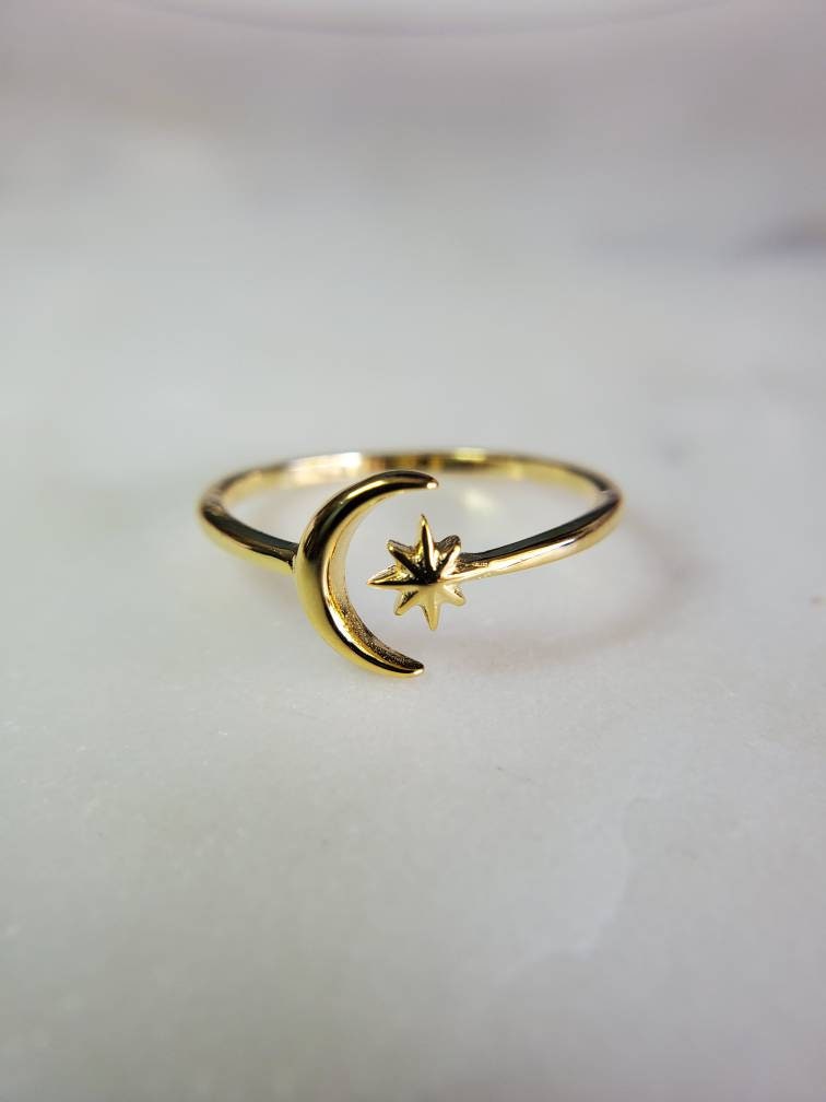 Thin Gold Moon Star Ring, Crescent Moon Ring, Sterling Silver Women Ring, Boho Chic, Midi Ring, Adjustable Ring