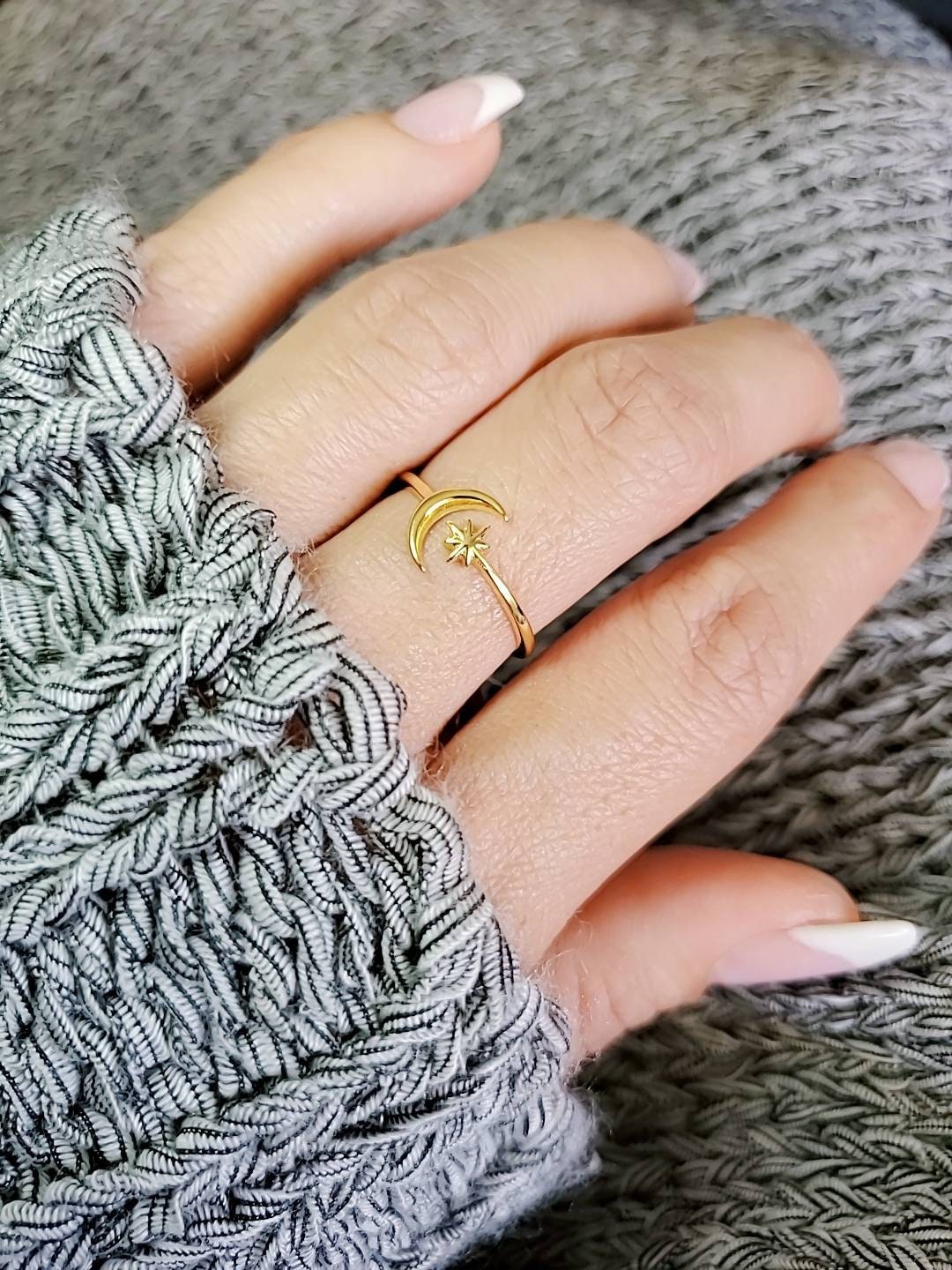 Thin Gold Moon Star Ring, Crescent Moon Ring, Sterling Silver Women Ring, Boho Chic, Midi Ring, Adjustable Ring