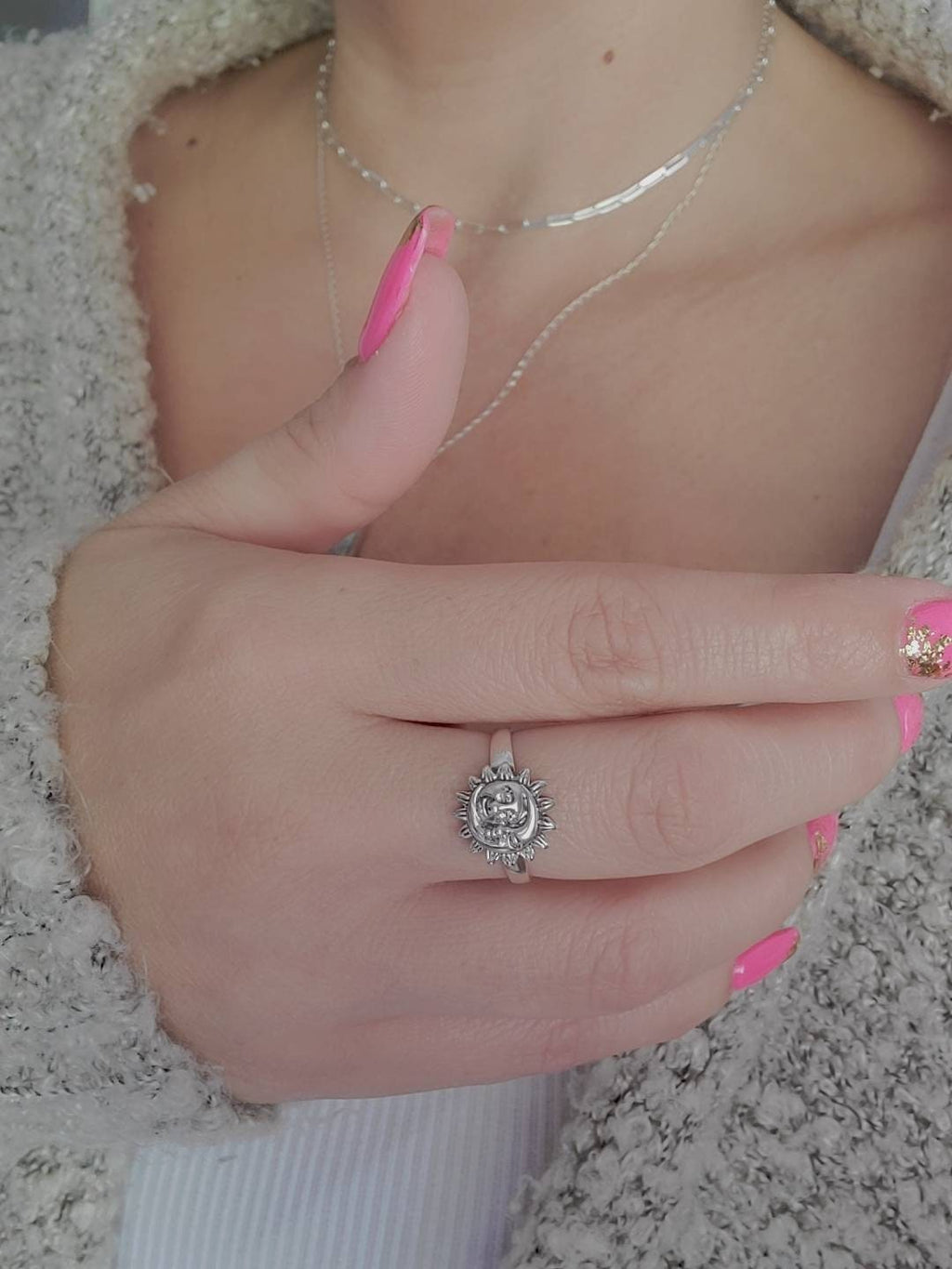 Moon Sun Face Sterling Silver Ring