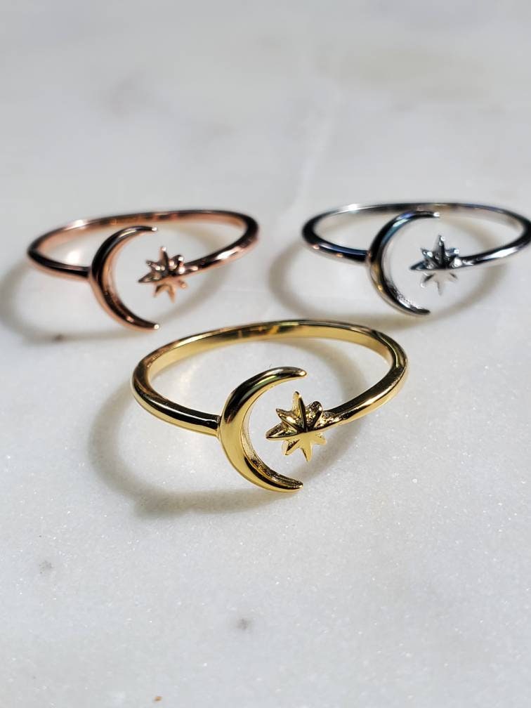 Thin Gold Moon Star Ring, Crescent Moon Ring, Sterling Silver Women Ring, Boho Chic, Midi Ring, Adjustable Ring