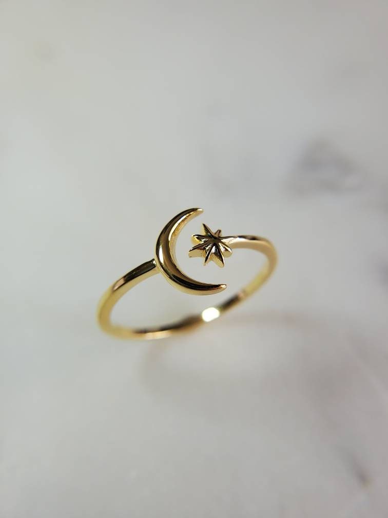 Thin Gold Moon Star Ring, Crescent Moon Ring, Sterling Silver Women Ring, Boho Chic, Midi Ring, Adjustable Ring