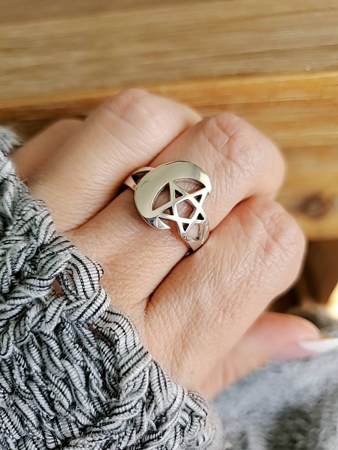 Pentagram Crescent Moon Ring